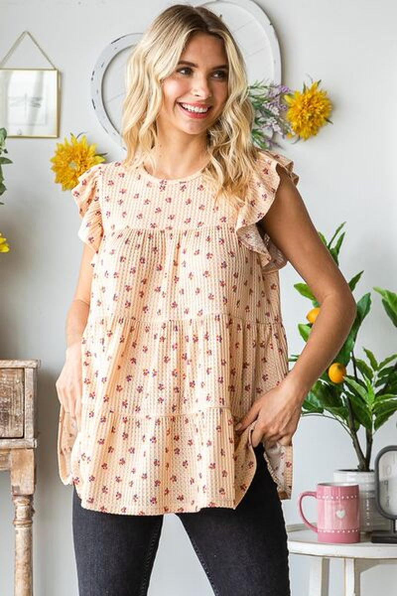 Heimish Full Size Butterfly Short Sleeve round Neck Ditsy Floral Print Tiered Top plus Size