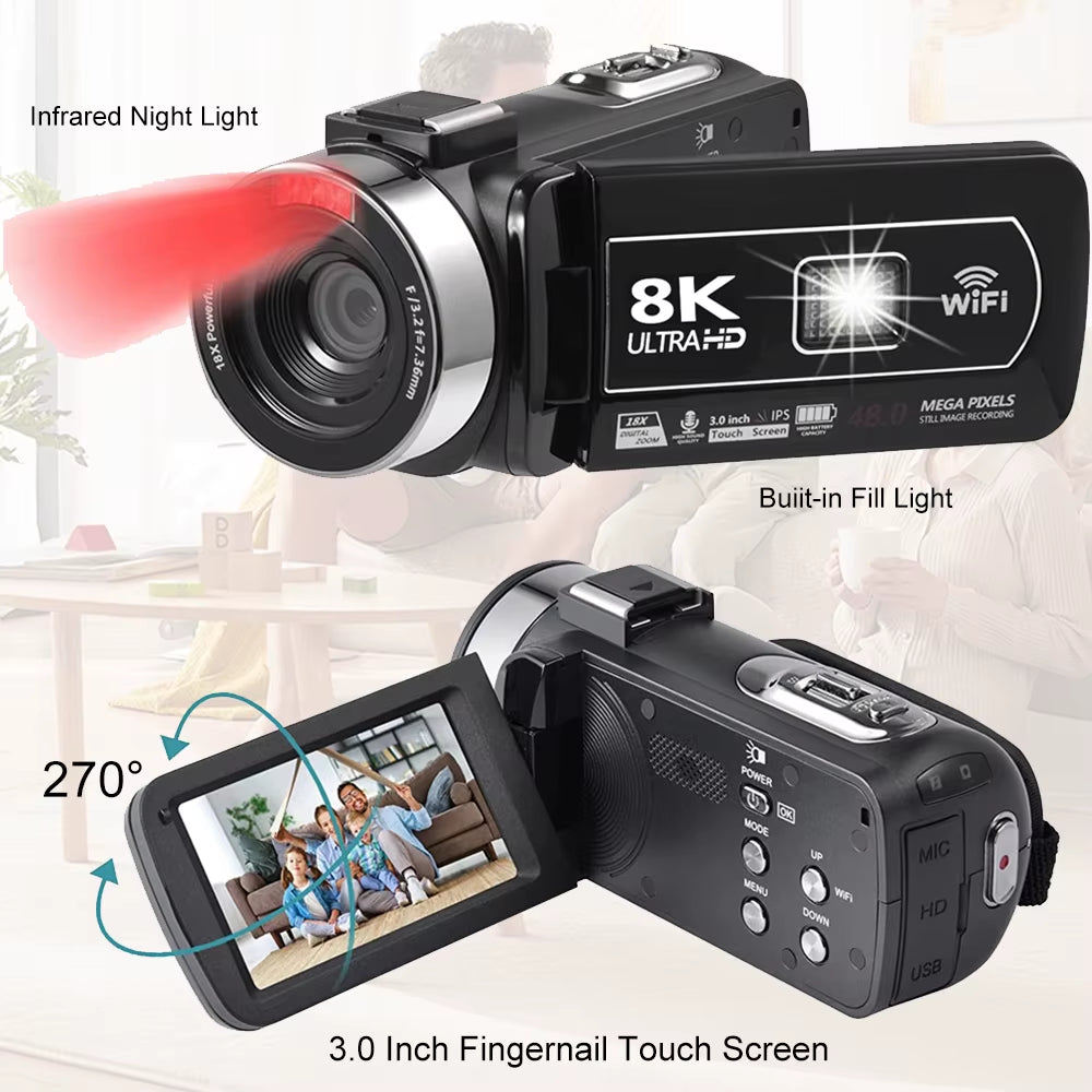8K Digital Photography Camera 48MP Handheld DV 18X Igital Zoom Camera Recorder 3'' LCD Touch Screen Portable Recording Camcorder