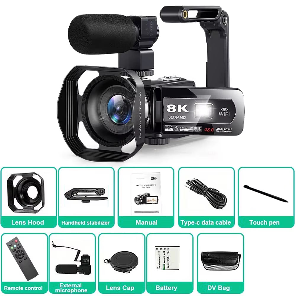 8K Digital Photography Camera 48MP Handheld DV 18X Igital Zoom Camera Recorder 3'' LCD Touch Screen Portable Recording Camcorder