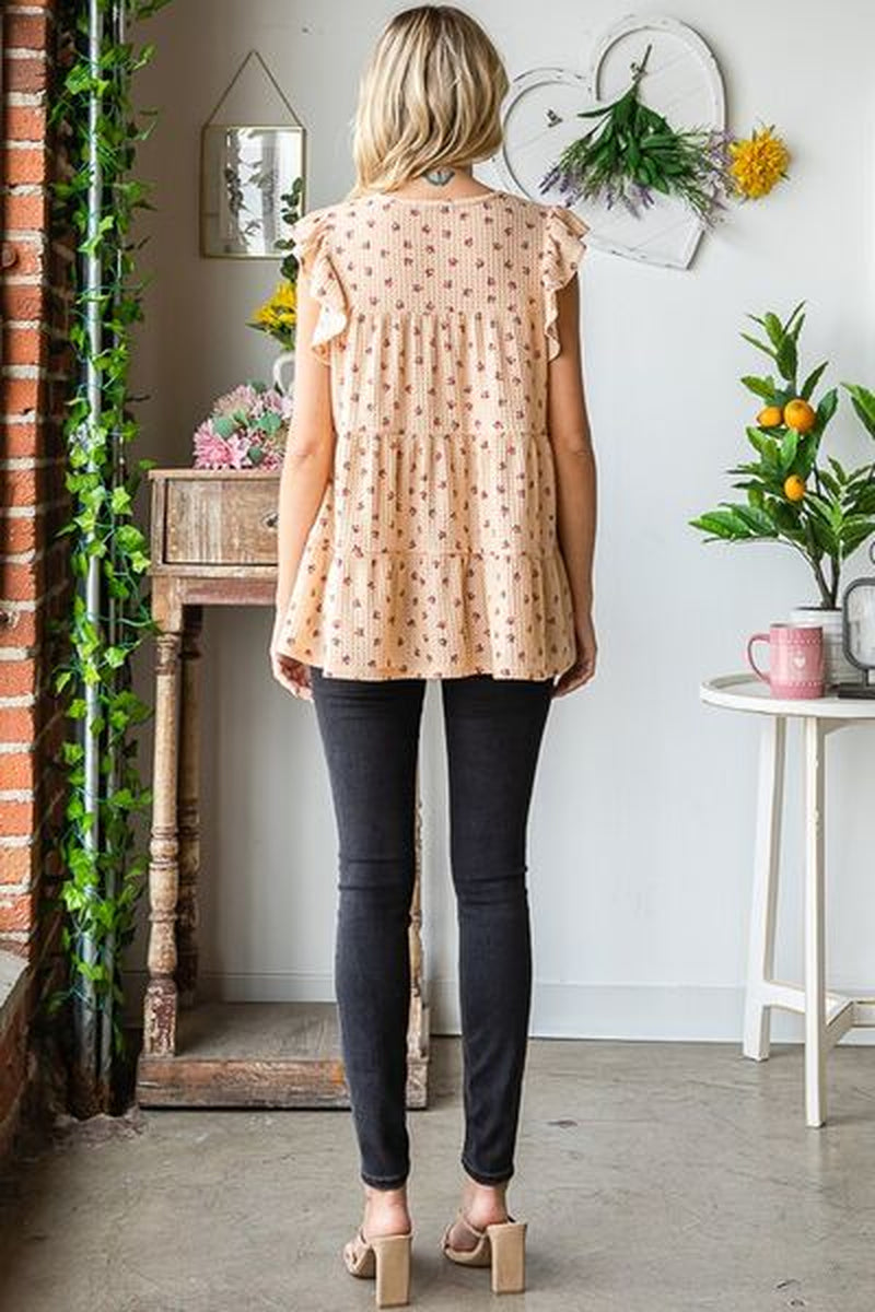 Heimish Full Size Butterfly Short Sleeve round Neck Ditsy Floral Print Tiered Top plus Size