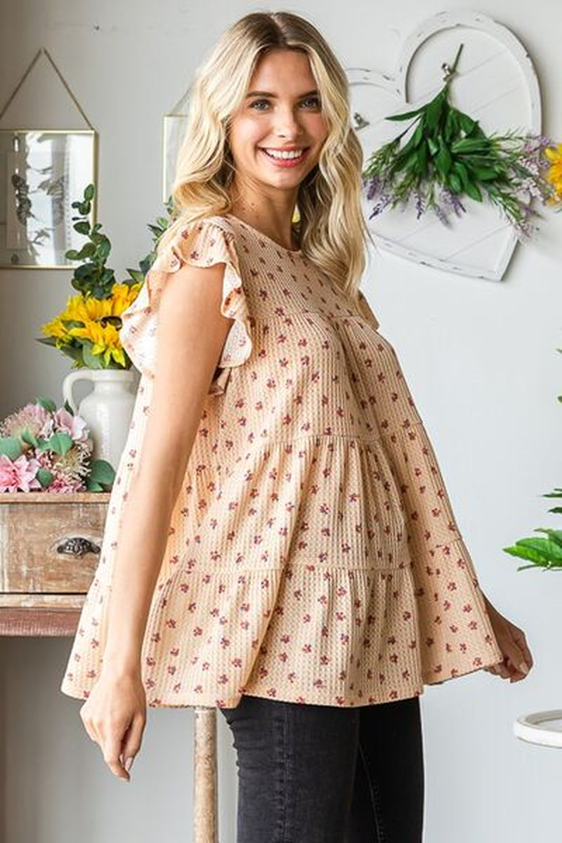 Heimish Full Size Butterfly Short Sleeve round Neck Ditsy Floral Print Tiered Top plus Size