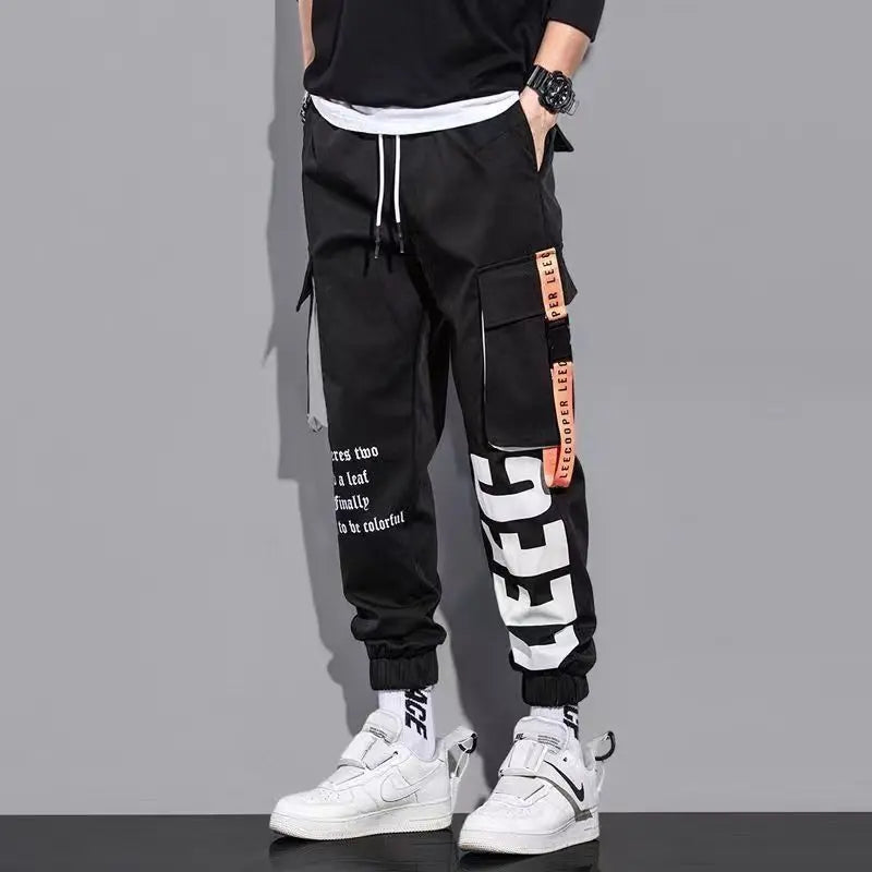 Classic Streetwear Casual Pants Men Ribbons Harem Jogging Pants Male Slim Fit Spring Cargo Pants Multi-Pockets Women Trouser J7