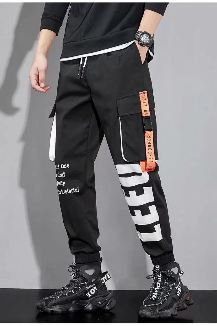 Classic Streetwear Casual Pants Men Ribbons Harem Jogging Pants Male Slim Fit Spring Cargo Pants Multi-Pockets Women Trouser J7