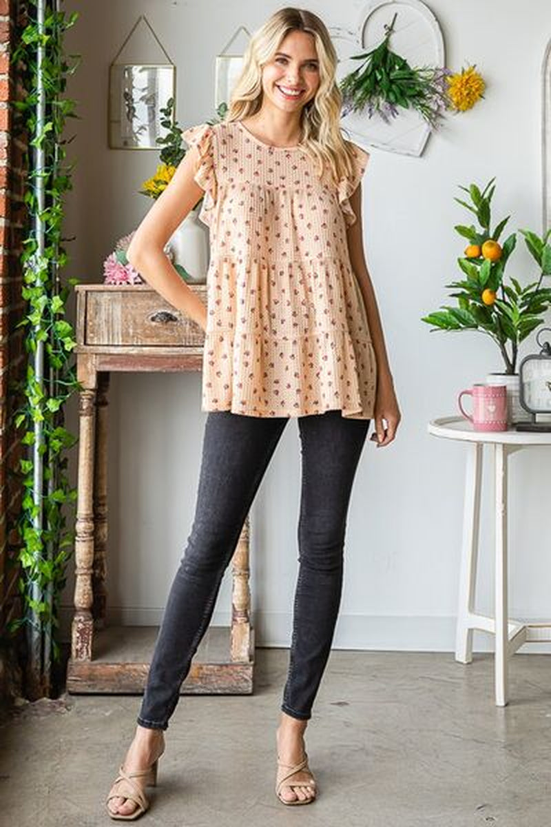 Heimish Full Size Butterfly Short Sleeve round Neck Ditsy Floral Print Tiered Top plus Size