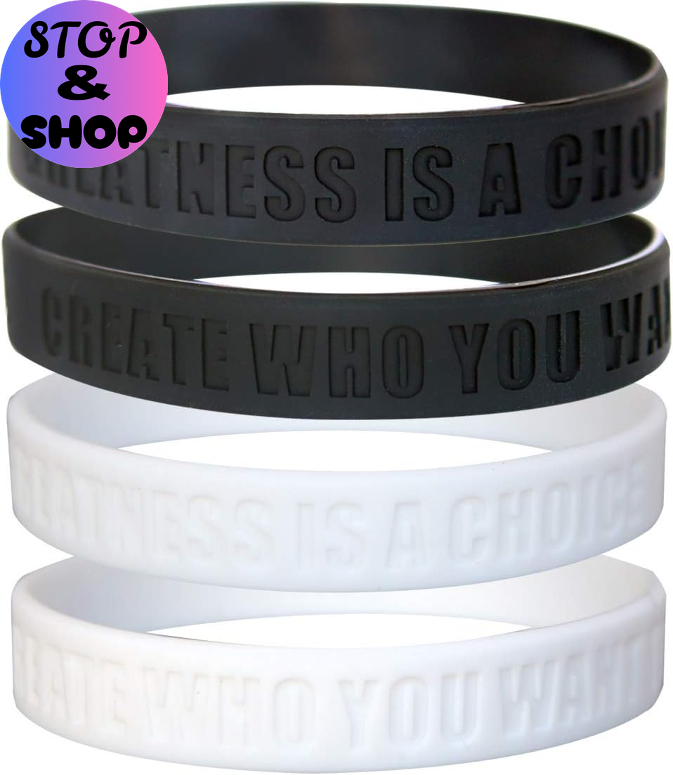 Greatness Is a Choice, Create Who You Want to Be Motivational Silicone Wristbands with Quote, Rubber Bracelets for Fitness, Workouts, Exercise, Basketball, Weight Training