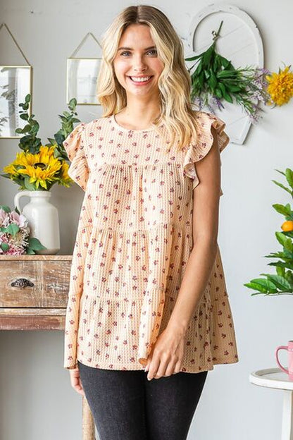 Heimish Full Size Butterfly Short Sleeve round Neck Ditsy Floral Print Tiered Top plus Size