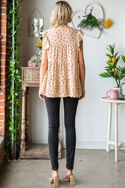 Heimish Full Size Butterfly Short Sleeve round Neck Ditsy Floral Print Tiered Top plus Size