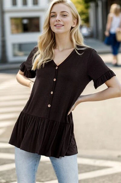 Heimish Full Size Ruffled V-Neck Short Sleeve Blouse plus Size