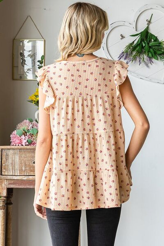 Heimish Full Size Butterfly Short Sleeve round Neck Ditsy Floral Print Tiered Top plus Size