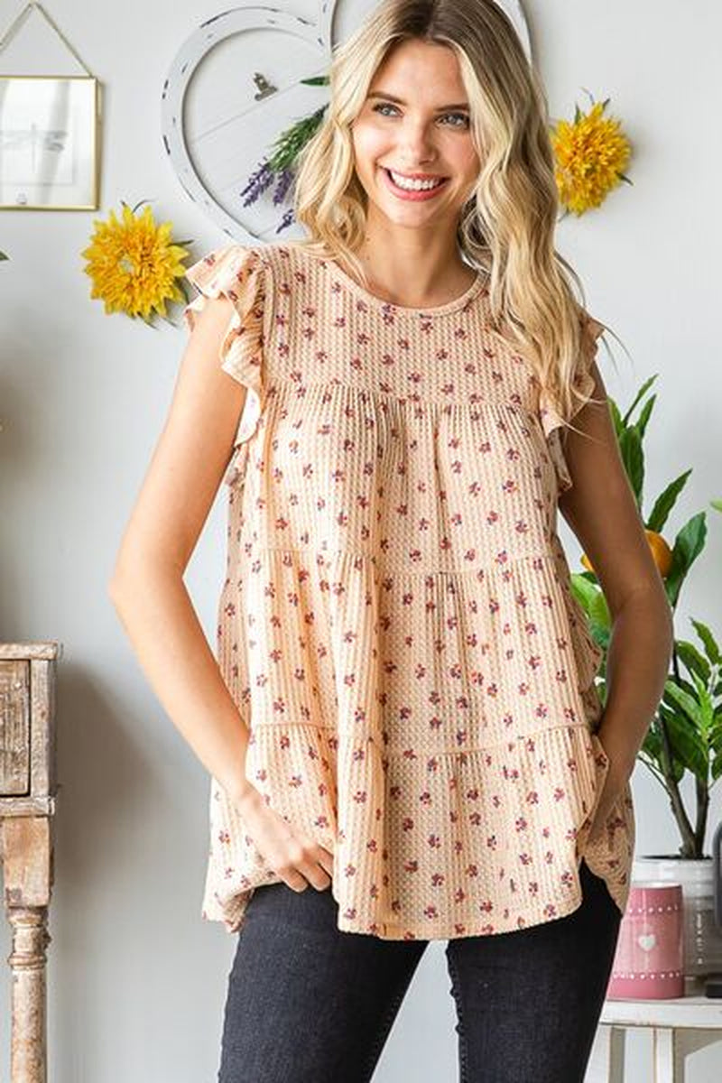 Heimish Full Size Butterfly Short Sleeve round Neck Ditsy Floral Print Tiered Top plus Size