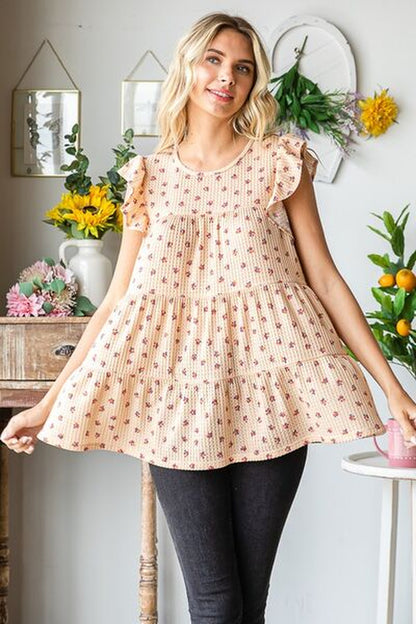 Heimish Full Size Butterfly Short Sleeve round Neck Ditsy Floral Print Tiered Top plus Size