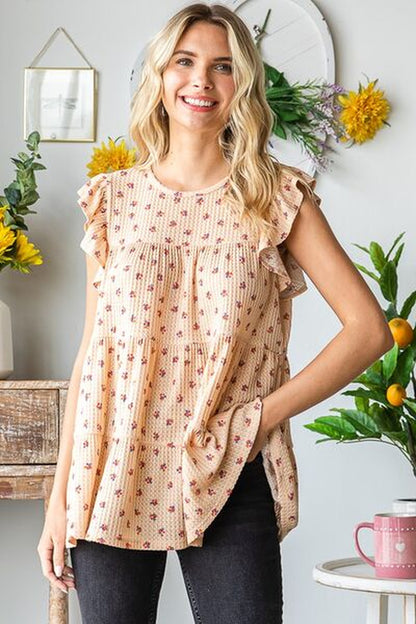 Heimish Full Size Butterfly Short Sleeve round Neck Ditsy Floral Print Tiered Top plus Size