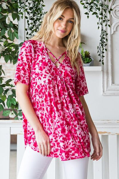 Heimish Full Size Short Sleeve Crisscross Animal Babydoll Top plus Size
