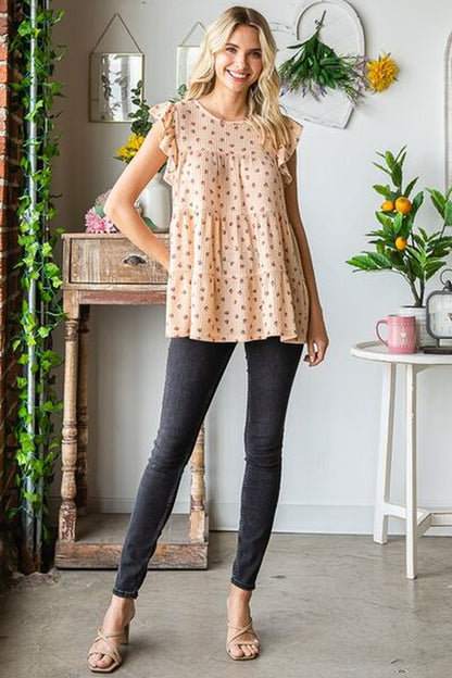 Heimish Full Size Butterfly Short Sleeve round Neck Ditsy Floral Print Tiered Top plus Size