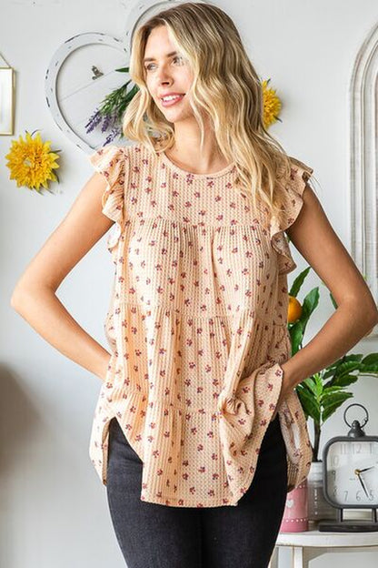 Heimish Full Size Butterfly Short Sleeve round Neck Ditsy Floral Print Tiered Top plus Size