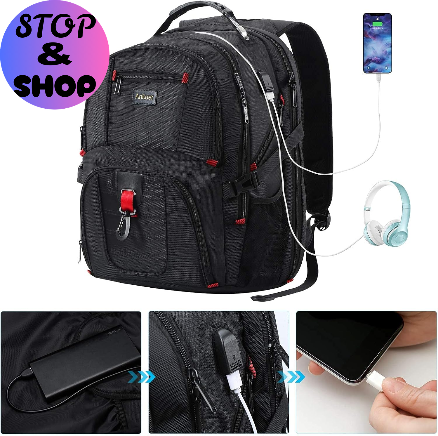 Extra Large Travel Backpack for Men Women: 17 in Laptop Backpacks for School, anti Theft TSA Travel Bag with USB Charging Port, Business Computer Bag (Black)