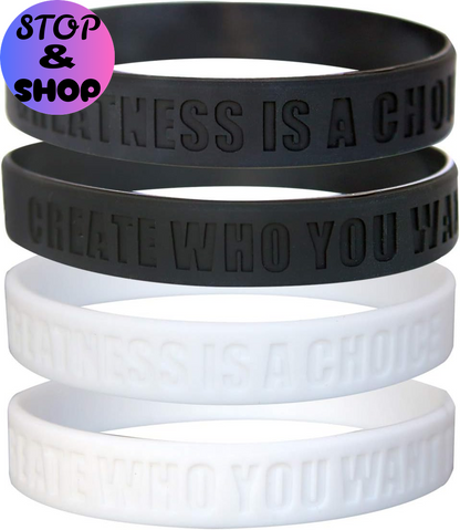 Greatness Is a Choice, Create Who You Want to Be Motivational Silicone Wristbands with Quote, Rubber Bracelets for Fitness, Workouts, Exercise, Basketball, Weight Training