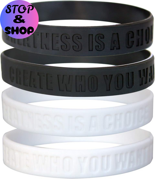 Greatness Is a Choice, Create Who You Want to Be Motivational Silicone Wristbands with Quote, Rubber Bracelets for Fitness, Workouts, Exercise, Basketball, Weight Training